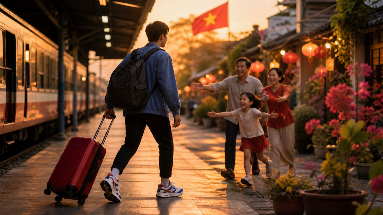 AI editorial illustration for the case study: A young traveler returning home after a long journey