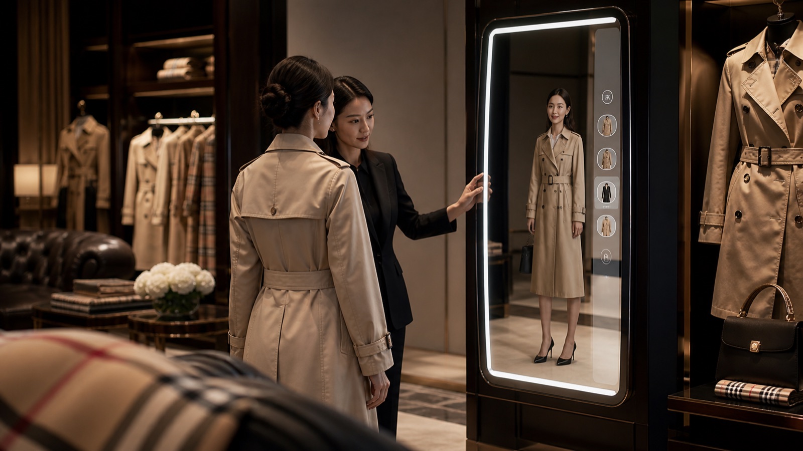 AI editorial illustration for the case study: A heritage fashion boutique using an interactive fitting mirror