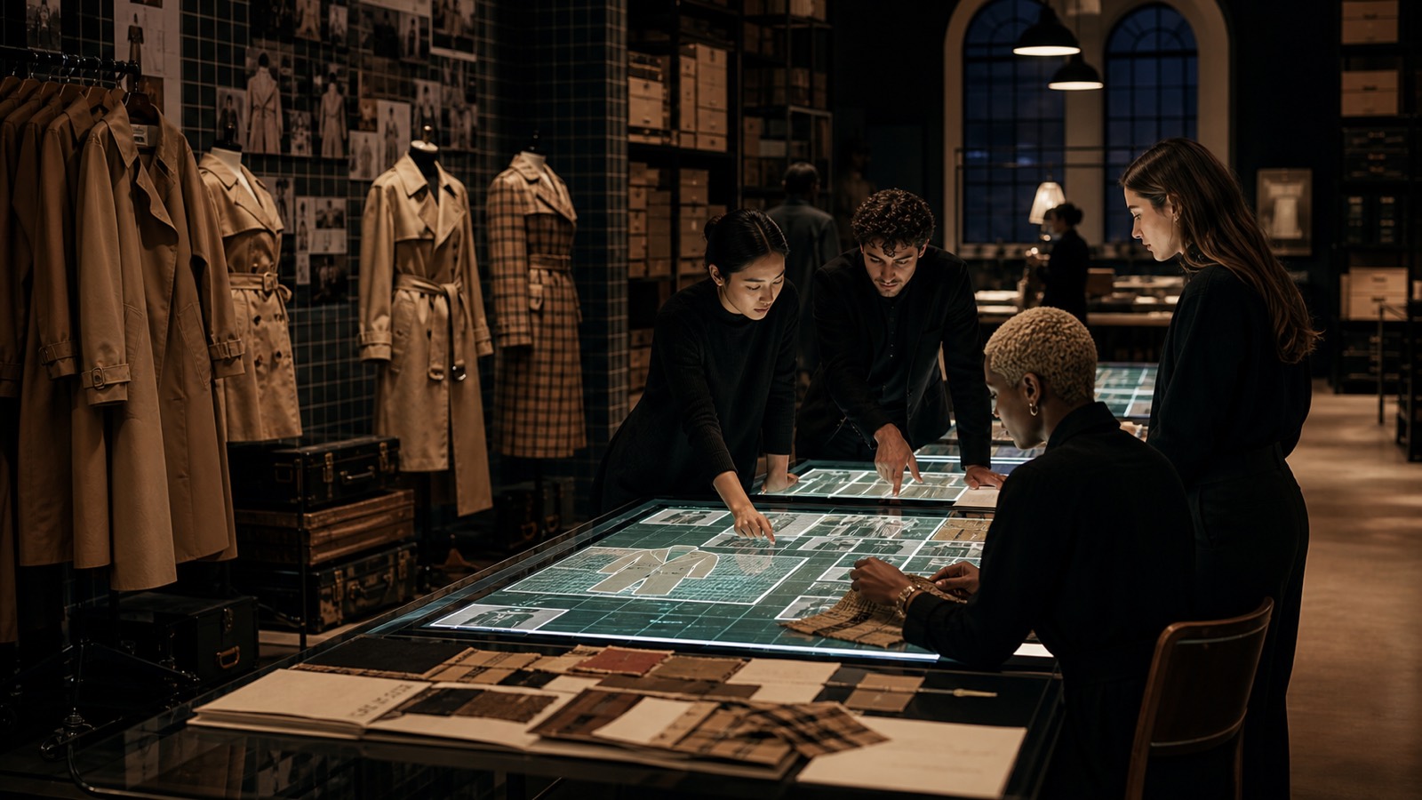 Designers connecting heritage trench-coat archives with new concepts on an interactive table
