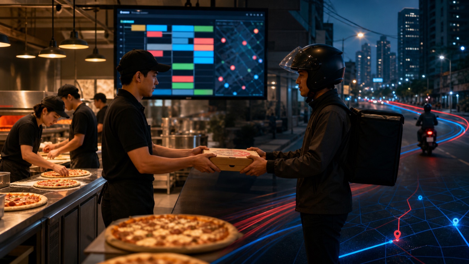 AI editorial illustration for the case study: A pizza kitchen connecting digital ordering with delivery operations