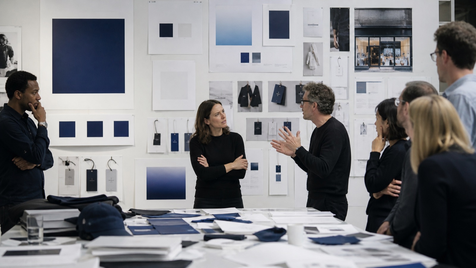 AI editorial illustration for the case study: A design team debating familiar brand equity and a minimalist redesign