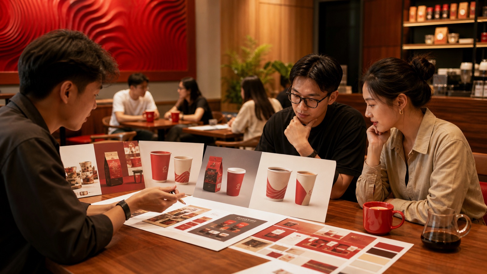 AI editorial illustration for the case study: A brand team reviewing packaging and the experience of a Vietnamese coffee chain