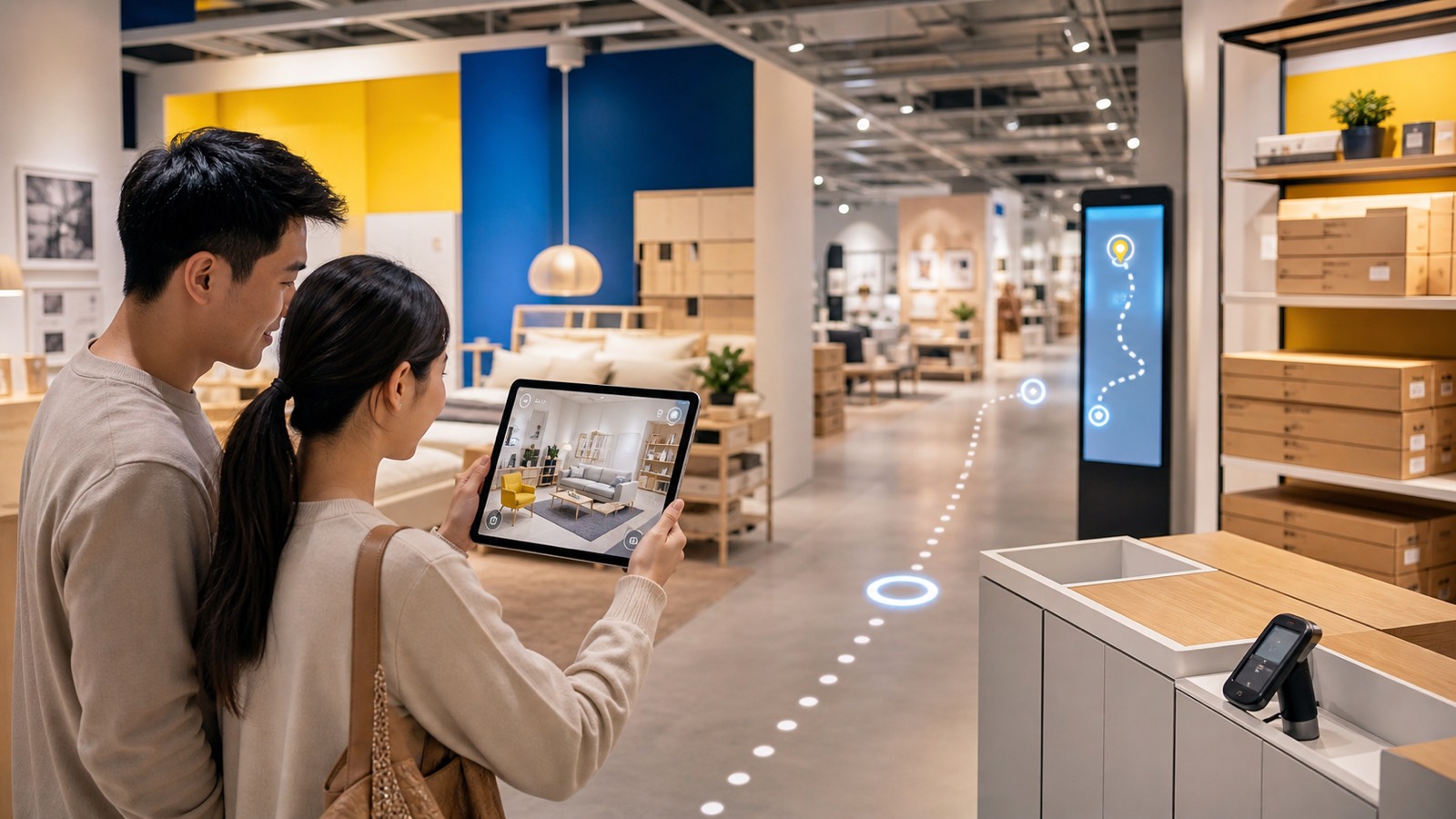 A couple previewing furniture with an augmented-reality tablet inside a digitally connected showroom