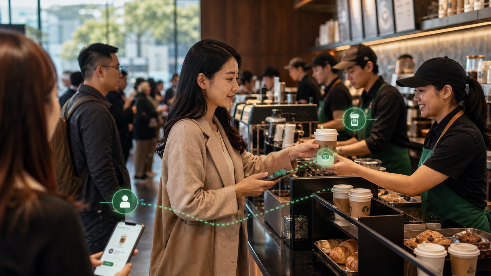 AI editorial illustration for the case study: A mobile-order flow connecting baristas with the pickup counter