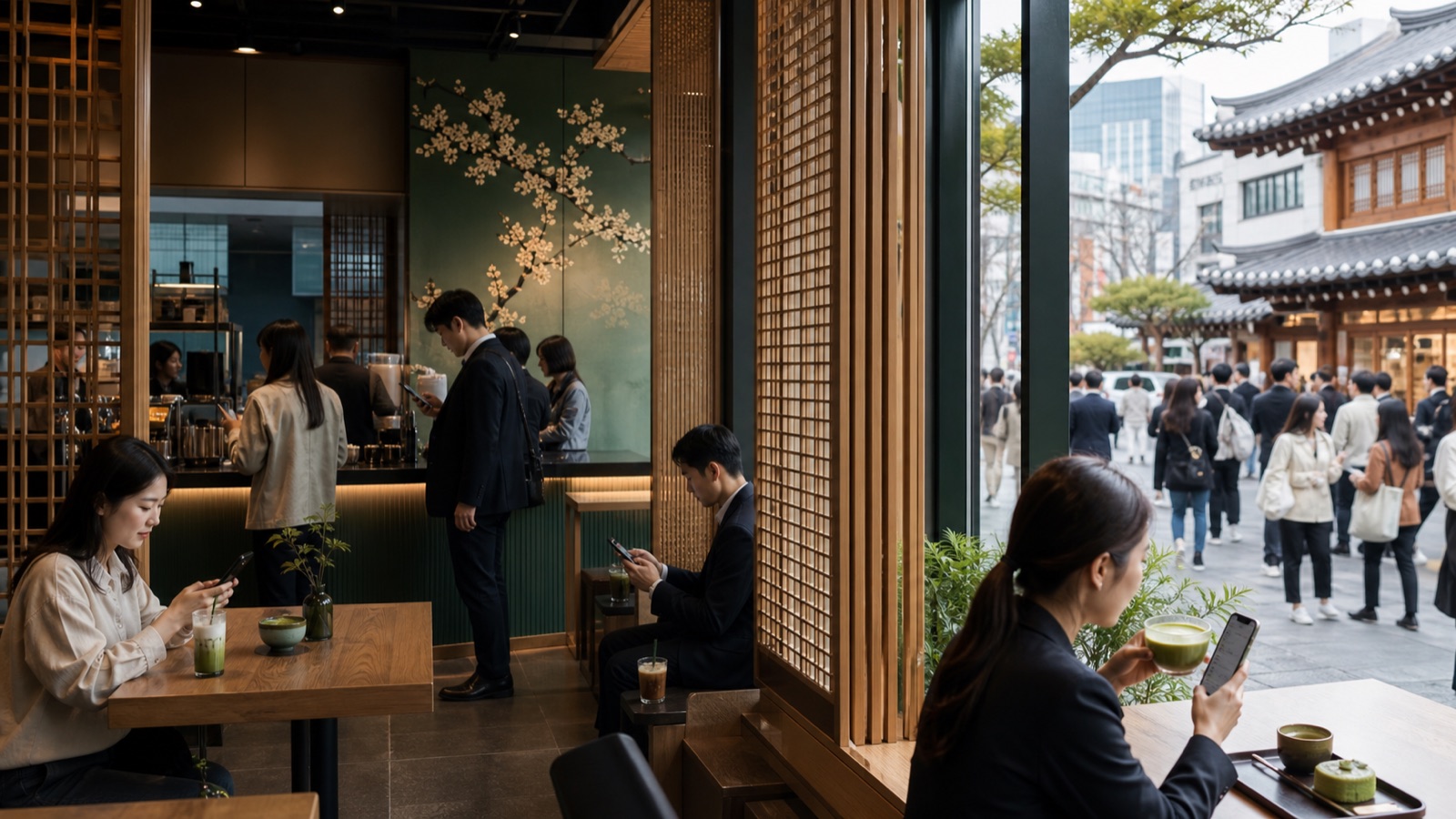 AI editorial illustration for the case study: A Seoul coffee shop combining localization with digital membership