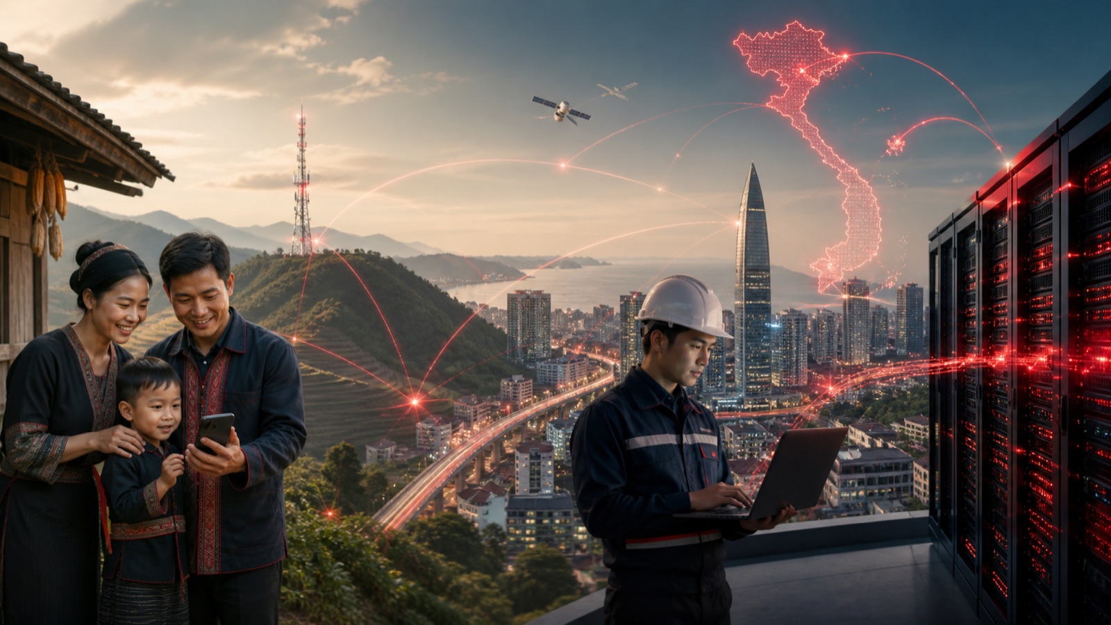 AI editorial illustration for the case study: Digital infrastructure connecting Vietnamese families, engineers and businesses
