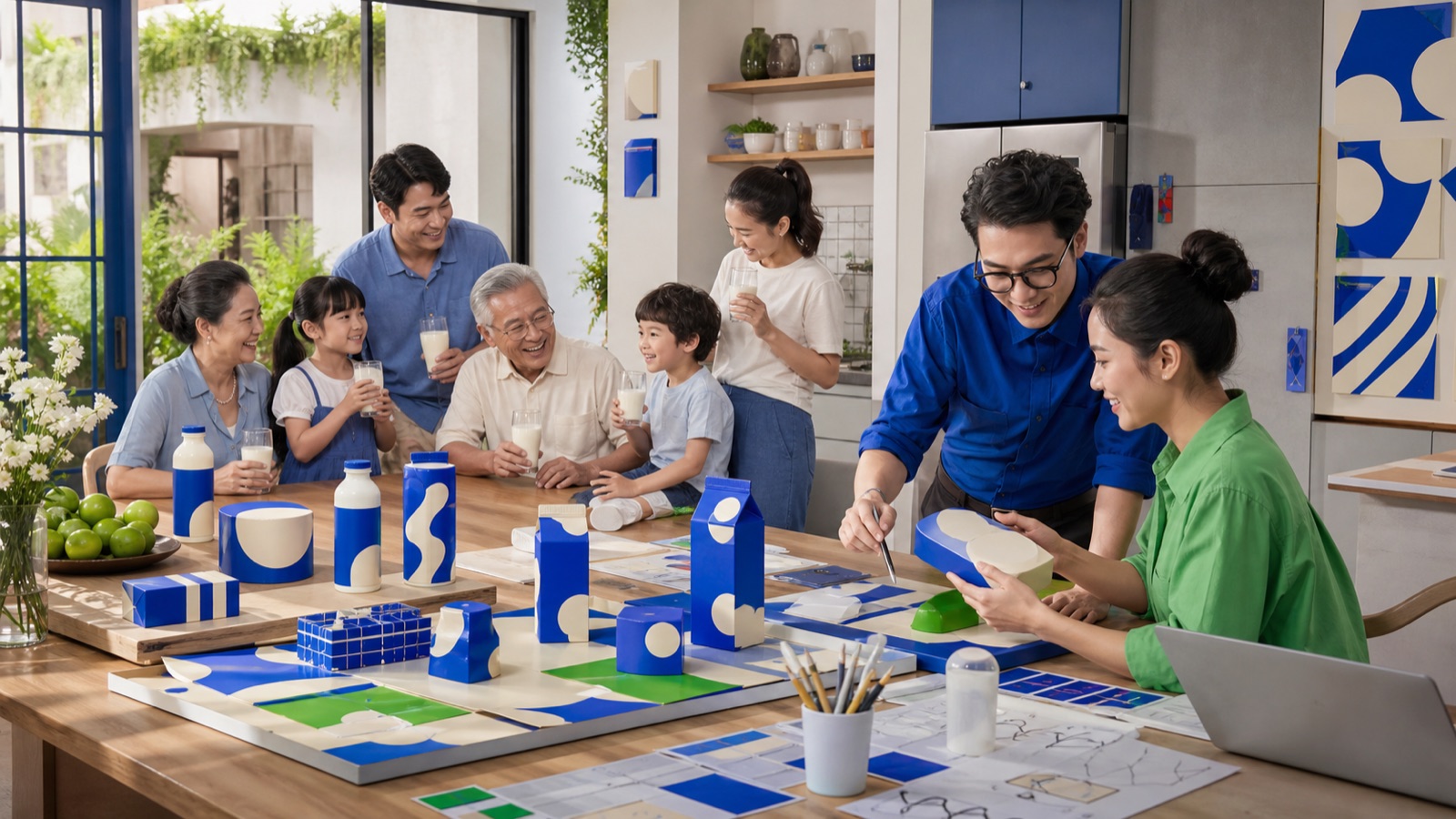 AI editorial illustration for the case study: A Vietnamese family and design team inside a renewed blue brand world