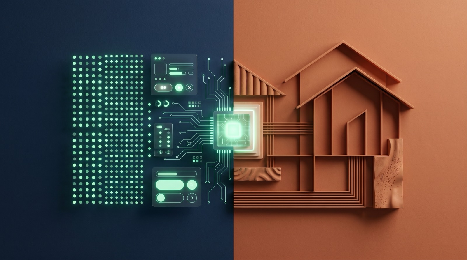 Phygital: thế giới số bên trái và không gian thực (mô hình nhà terracotta) bên phải hợp nhất tại lõi chip phát sáng ở giữa