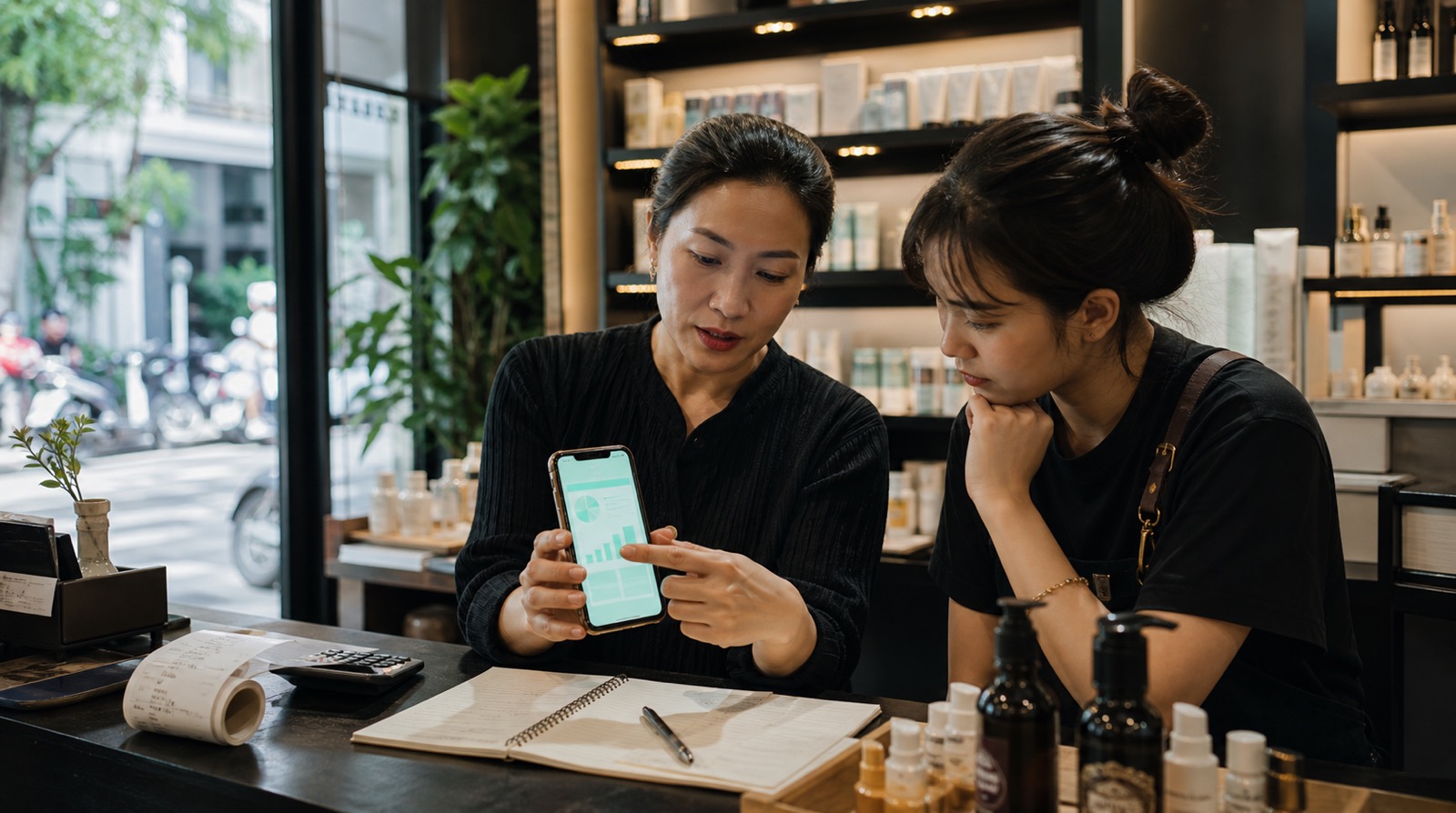 Vietnamese shop owner and employee reviewing customer data on a phone at the counter