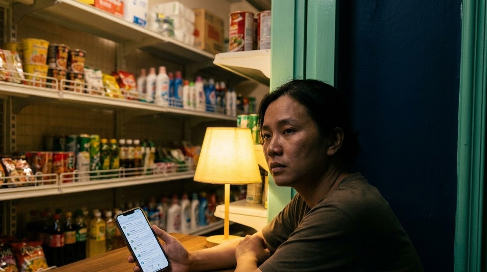 A shop owner sits behind the counter late at night, looking at a phone full of unanswered customer messages