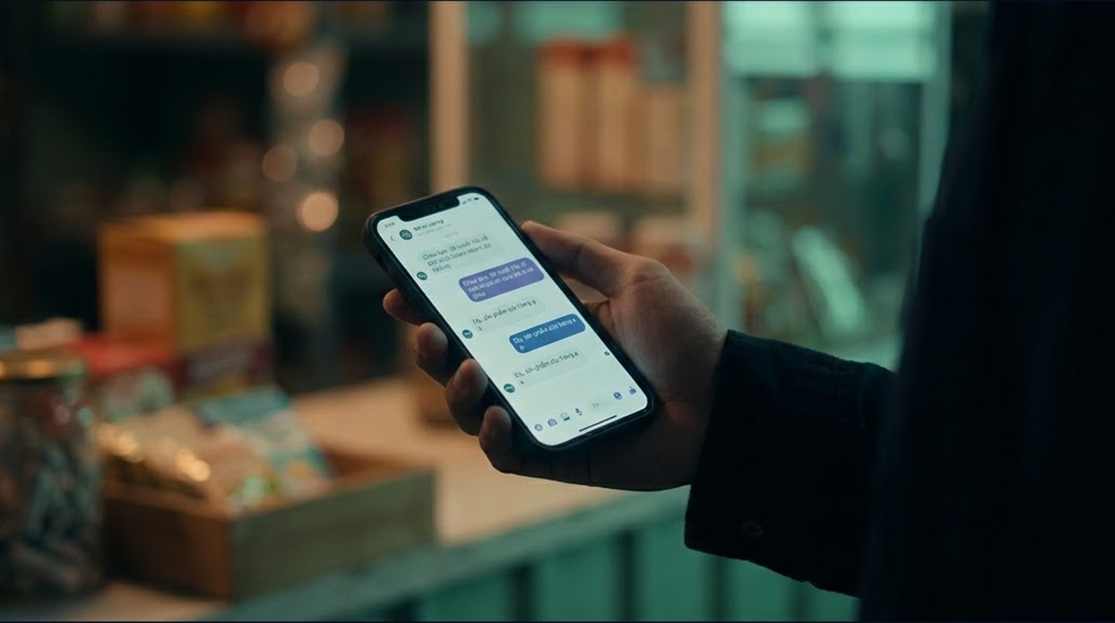 Close-up of a phone screen showing a messaging conversation with a shop, illustrating the chat channels a chatbot serves