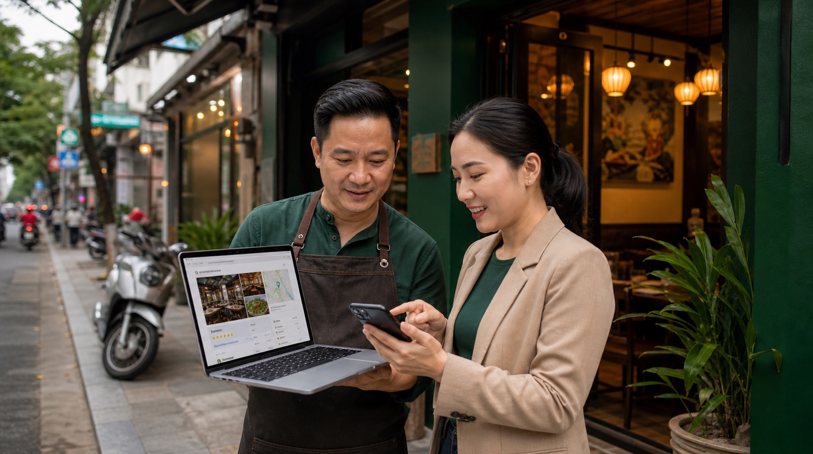 Chủ nhà hàng Việt Nam cùng chuyên gia kiểm tra ảnh, giờ mở cửa, đánh giá và vị trí trên hồ sơ địa phương
