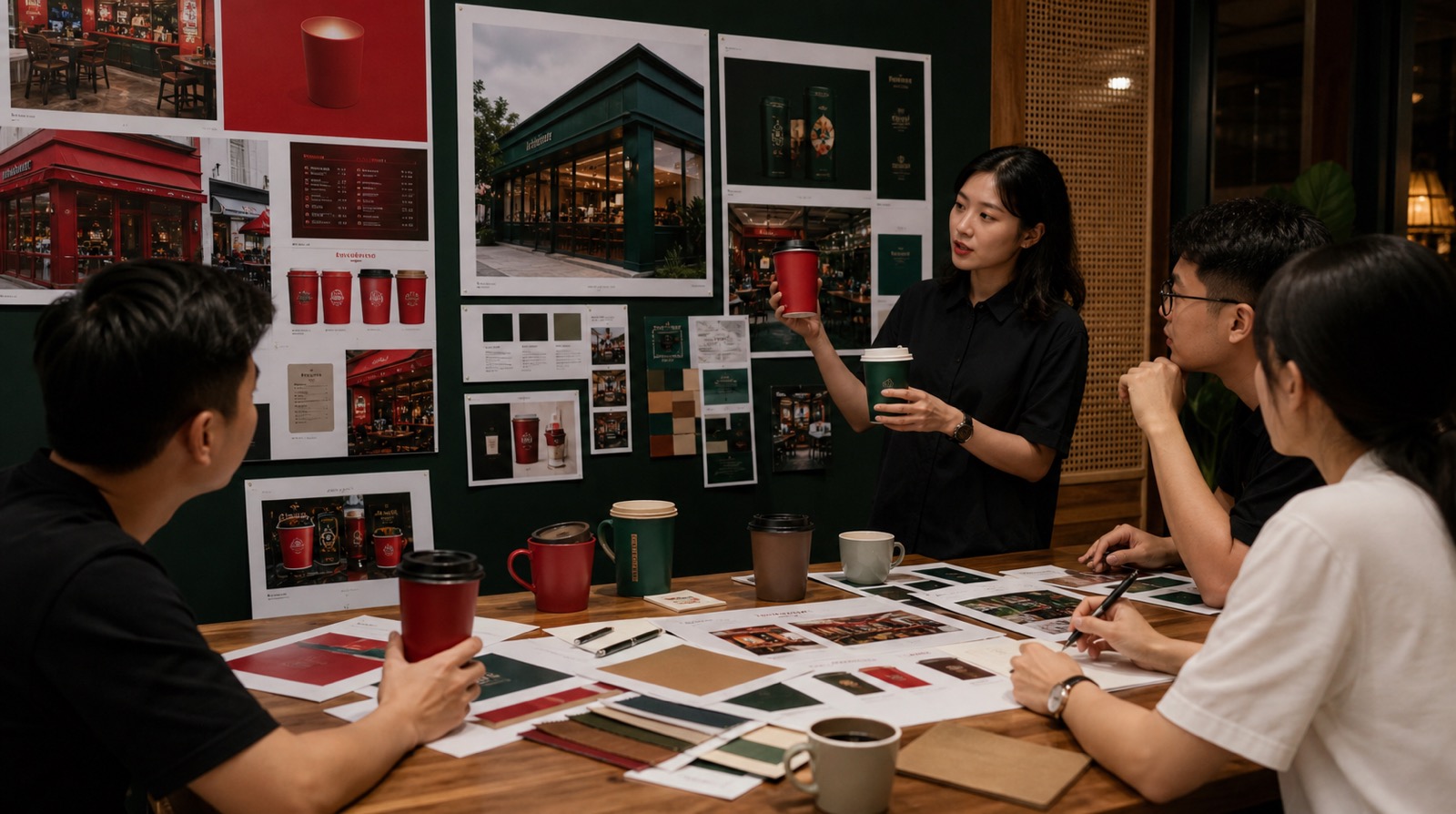 Vietnamese brand team comparing an old identity with a new positioning direction for a coffee chain