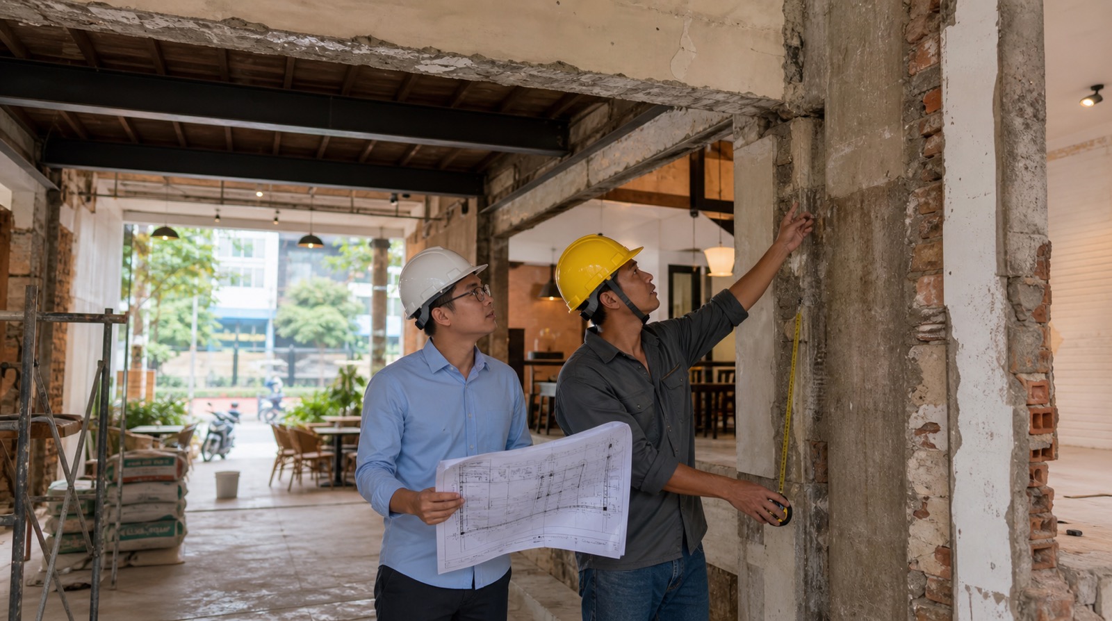 Kiến trúc sư và kỹ sư đo hiện trạng cột dầm trong một quán cà phê nhà phố đang cải tạo