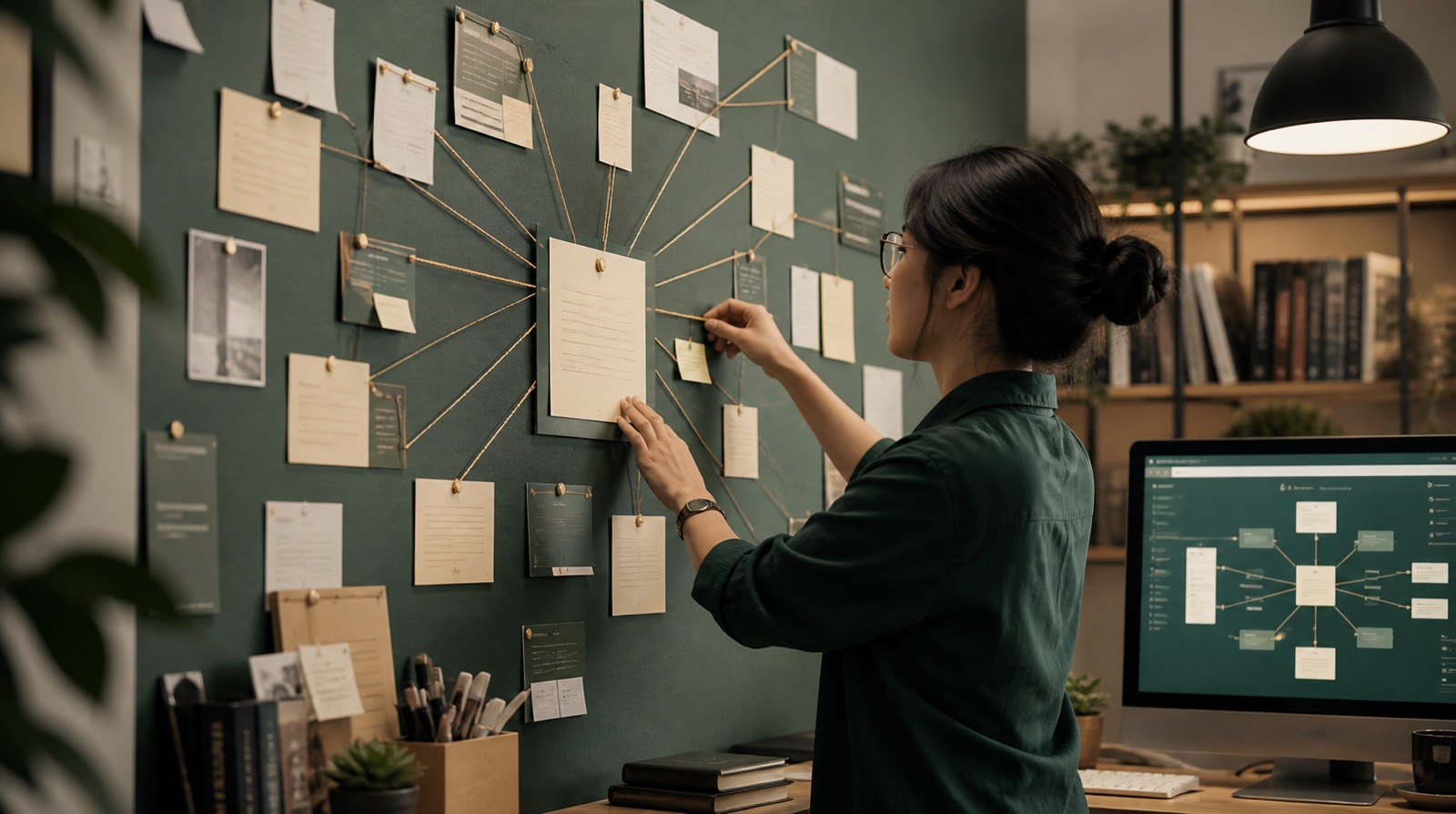 Vietnamese editor connecting a pillar page with supporting articles on a wall topic map