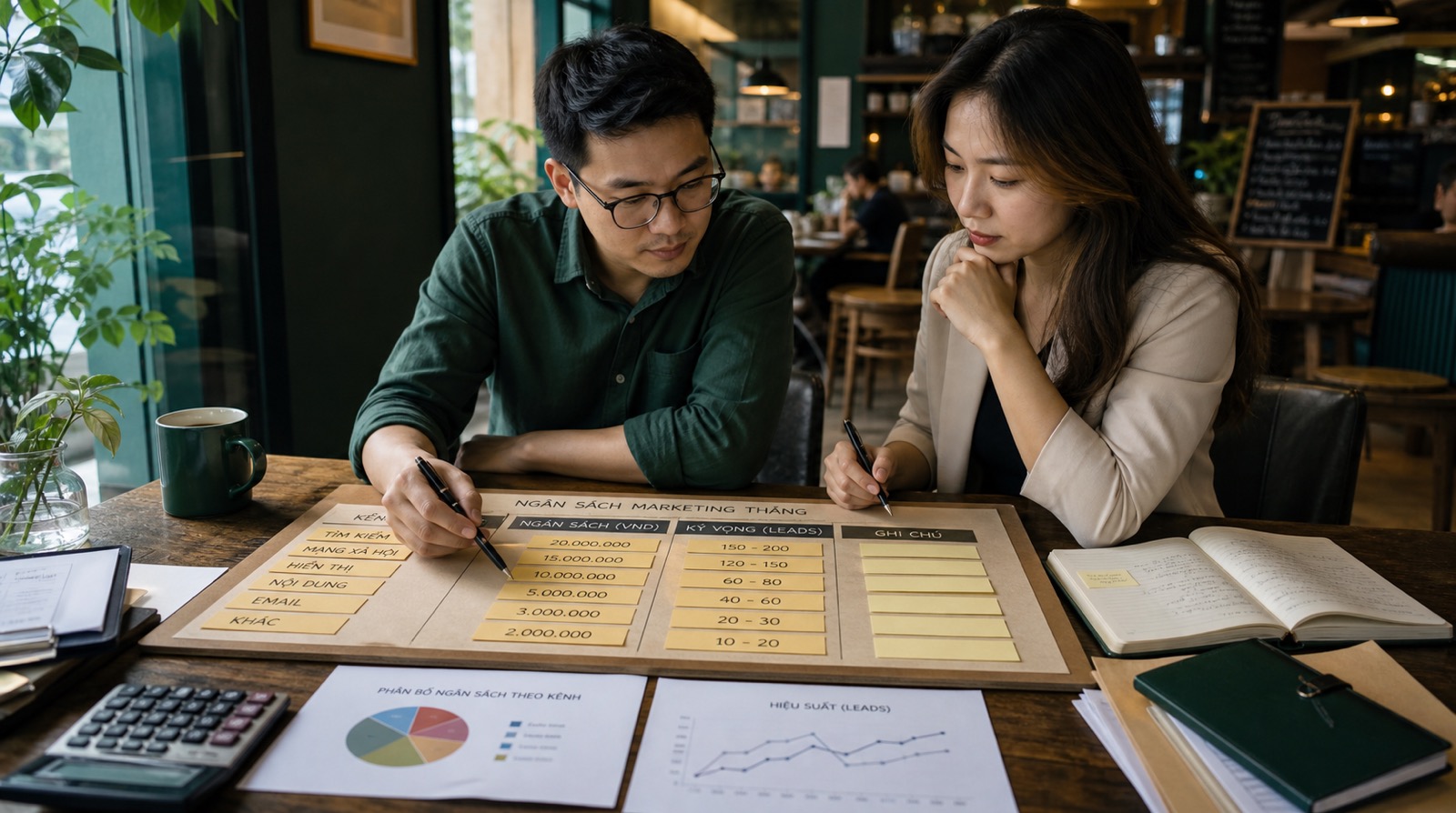 Vietnamese business owner and marketer allocating a monthly budget by channel and expected leads