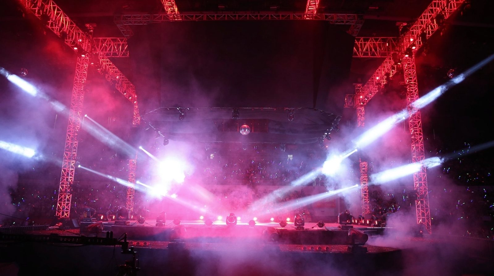 An outdoor stage truss frame with lighting rig, the structure whose wind load must be calculated in advance