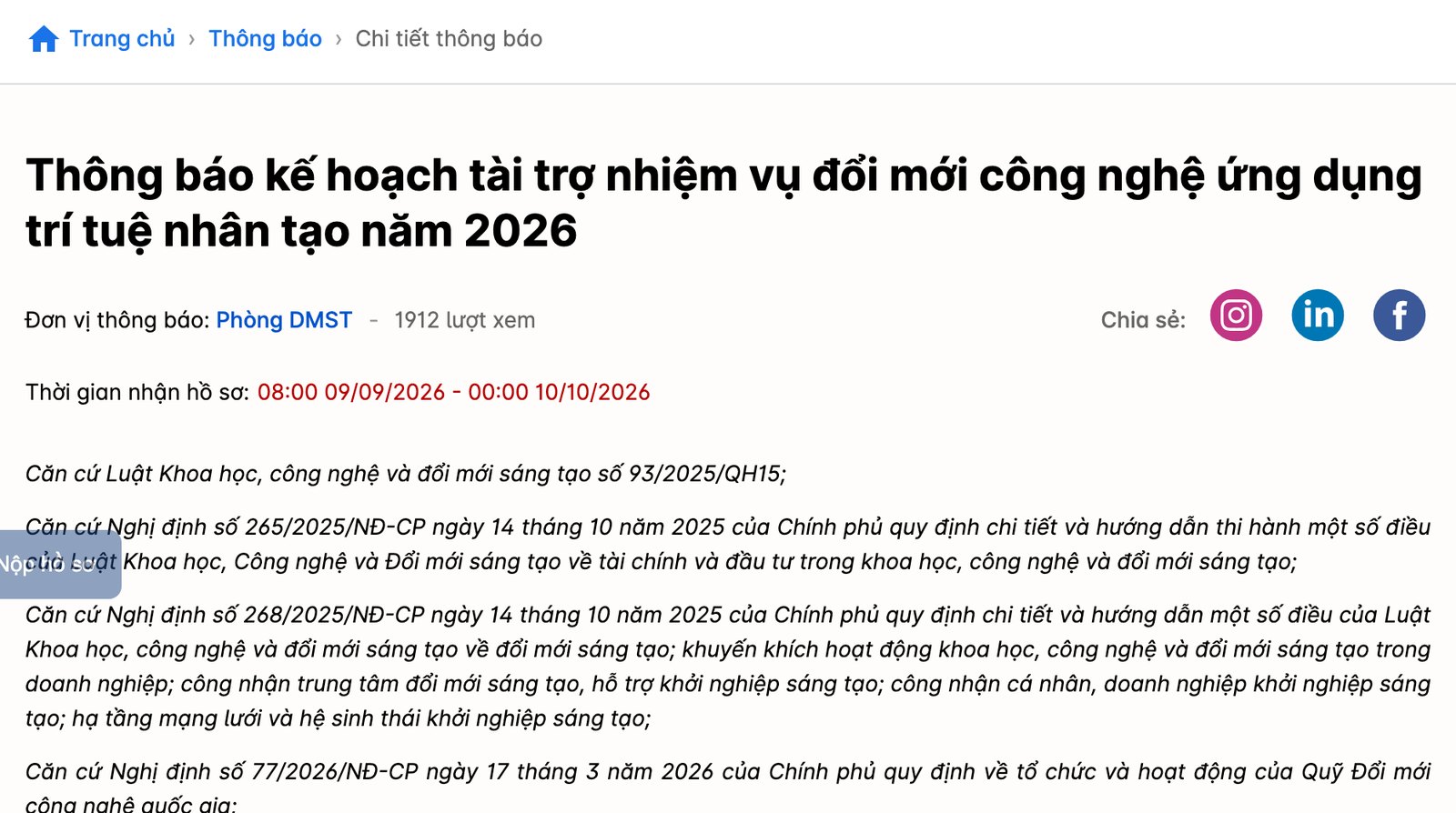 Ảnh chụp màn hình thông báo kế hoạch tài trợ nhiệm vụ đổi mới công nghệ ứng dụng trí tuệ nhân tạo năm 2026 trên oms.natif.vn, dòng thời gian nhận hồ sơ ghi 08:00 09/09/2026 đến 00:00 10/10/2026