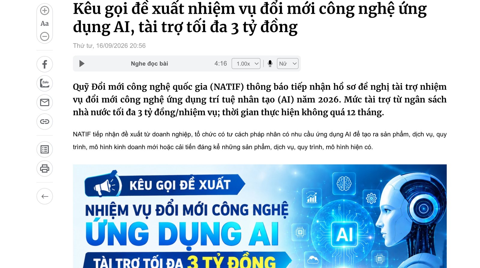 Ảnh chụp màn hình bài "Kêu gọi đề xuất nhiệm vụ đổi mới công nghệ ứng dụng AI, tài trợ tối đa 3 tỷ đồng" trên cổng thông tin Bộ Khoa học và Công nghệ, kèm poster Ứng dụng AI tài trợ tối đa 3 tỷ đồng