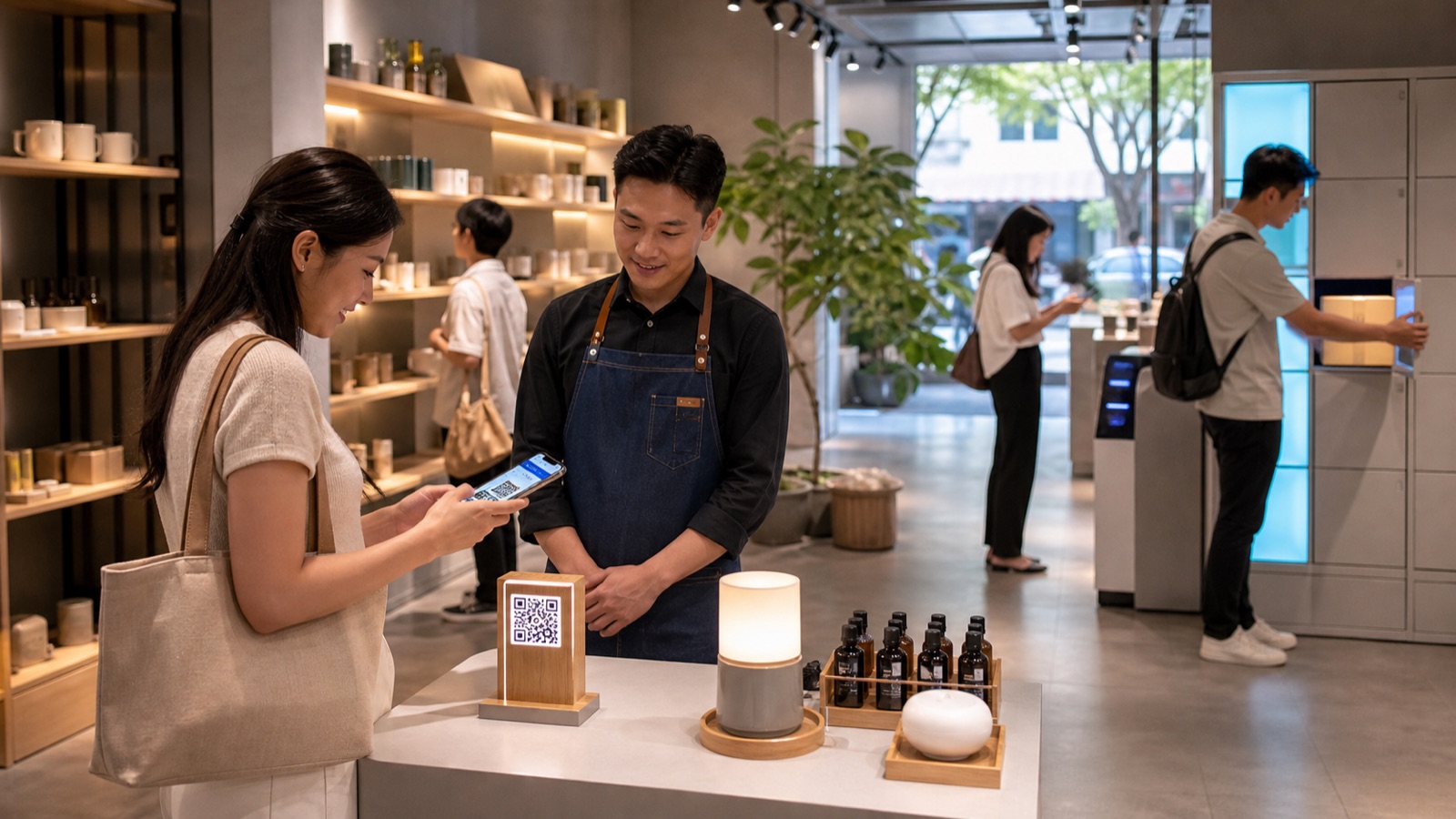 Vietnamese shopper scanning a QR touchpoint beside a physical product in a store