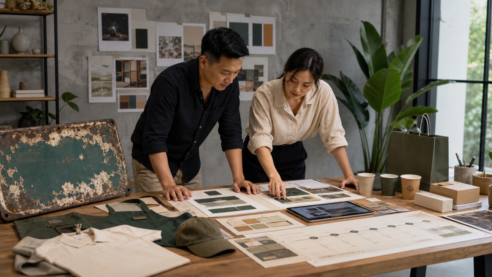 A business owner and designer reviewing a phased brand rollout across multiple touchpoints
