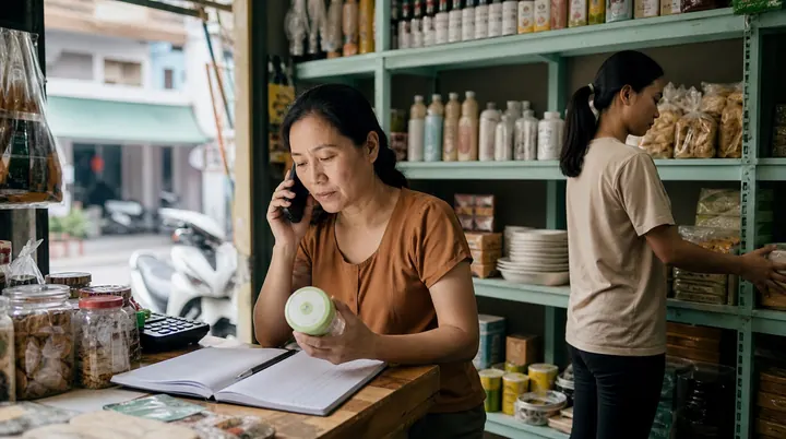Chủ cửa hàng Việt Nam xử lý đơn hàng qua điện thoại trong bối cảnh bán lẻ địa phương