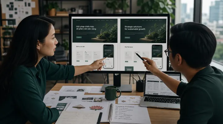 Nhóm thiết kế Việt Nam đối chiếu bố cục website tiếng Việt và tiếng Anh trên màn hình lớn