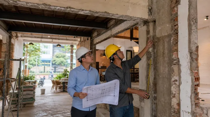 Kiến trúc sư và kỹ sư đo hiện trạng cột dầm trong một quán cà phê nhà phố đang cải tạo