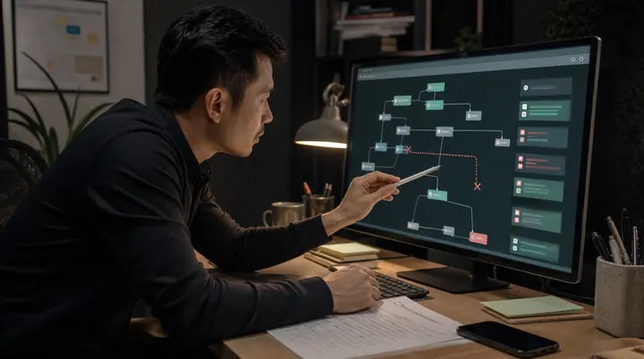 Chuyên viên tự động hóa kiểm tra điểm lỗi trong một workflow nhiều nhánh trên màn hình