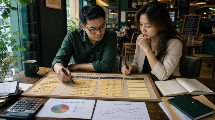 Chủ doanh nghiệp Việt Nam và chuyên viên marketing phân bổ ngân sách tháng theo kênh và lượng khách tiềm năng