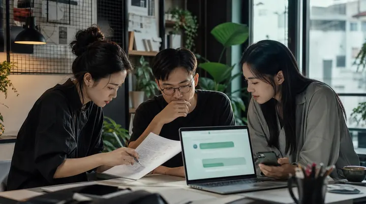 Nhóm tư vấn tuyển sinh rà soát kịch bản hội thoại AI Agent trên máy tính và điện thoại