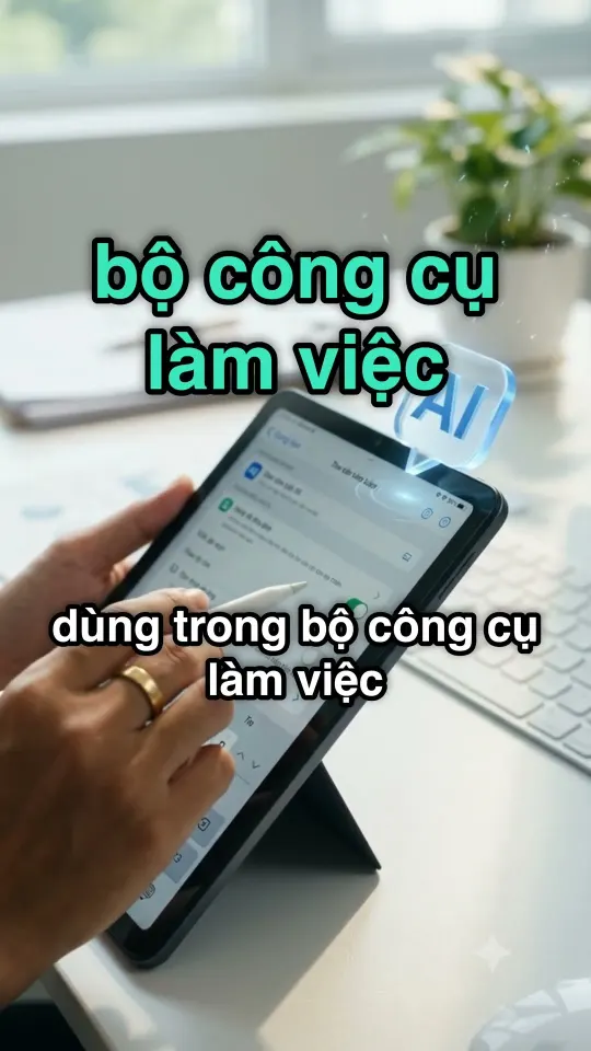 Khung hình video: bàn tay cầm bút chạm máy tính bảng có biểu tượng AI, chữ trên hình 'bộ công cụ làm việc'