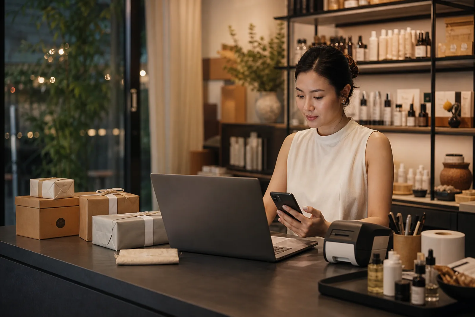 Chủ cửa hàng mỹ phẩm Việt Nam kiểm tra tin nhắn khách và đơn hàng trên điện thoại cùng laptop