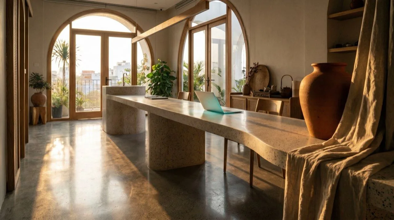 Phygital space with a terrazzo table and laptop next to a sunlit arched doorway
