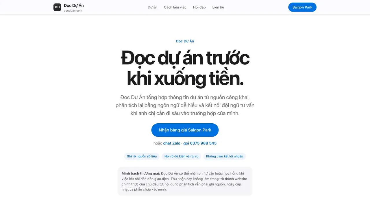 Trang chủ Đọc Dự Án - tiêu đề Đọc dự án trước khi xuống tiền, nút nhận bảng giá Saigon Park và ba cam kết ghi nguồn, nói rõ rủi ro, không cam kết lợi nhuận