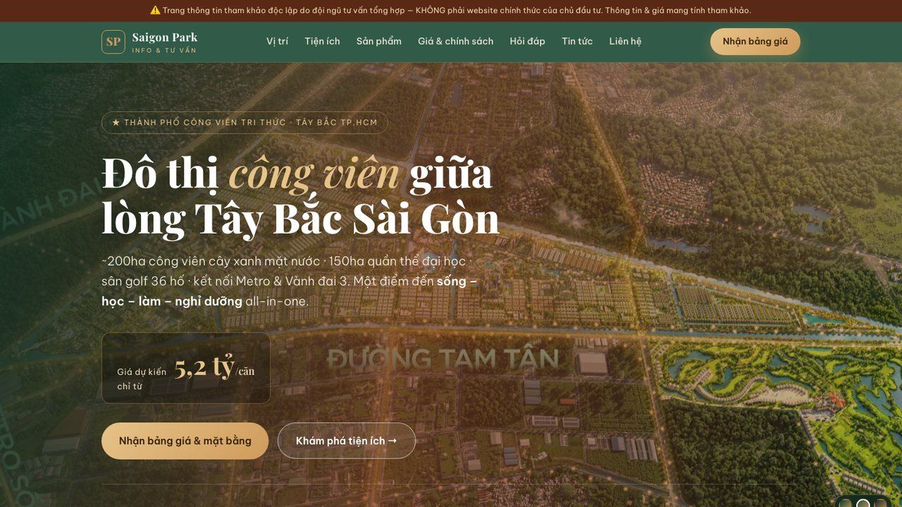 Saigon Park homepage - a real estate landing page with a masterplan image and pricing table