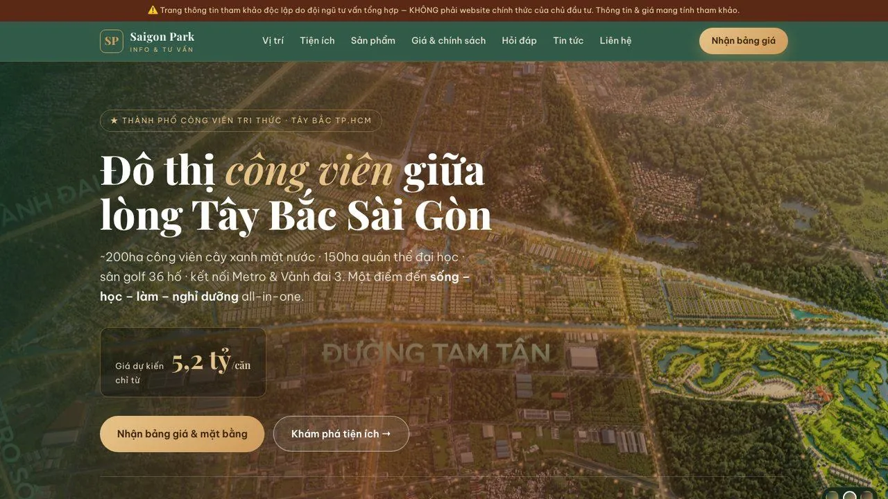 Saigon Park homepage - a real estate landing page with a masterplan image and pricing table