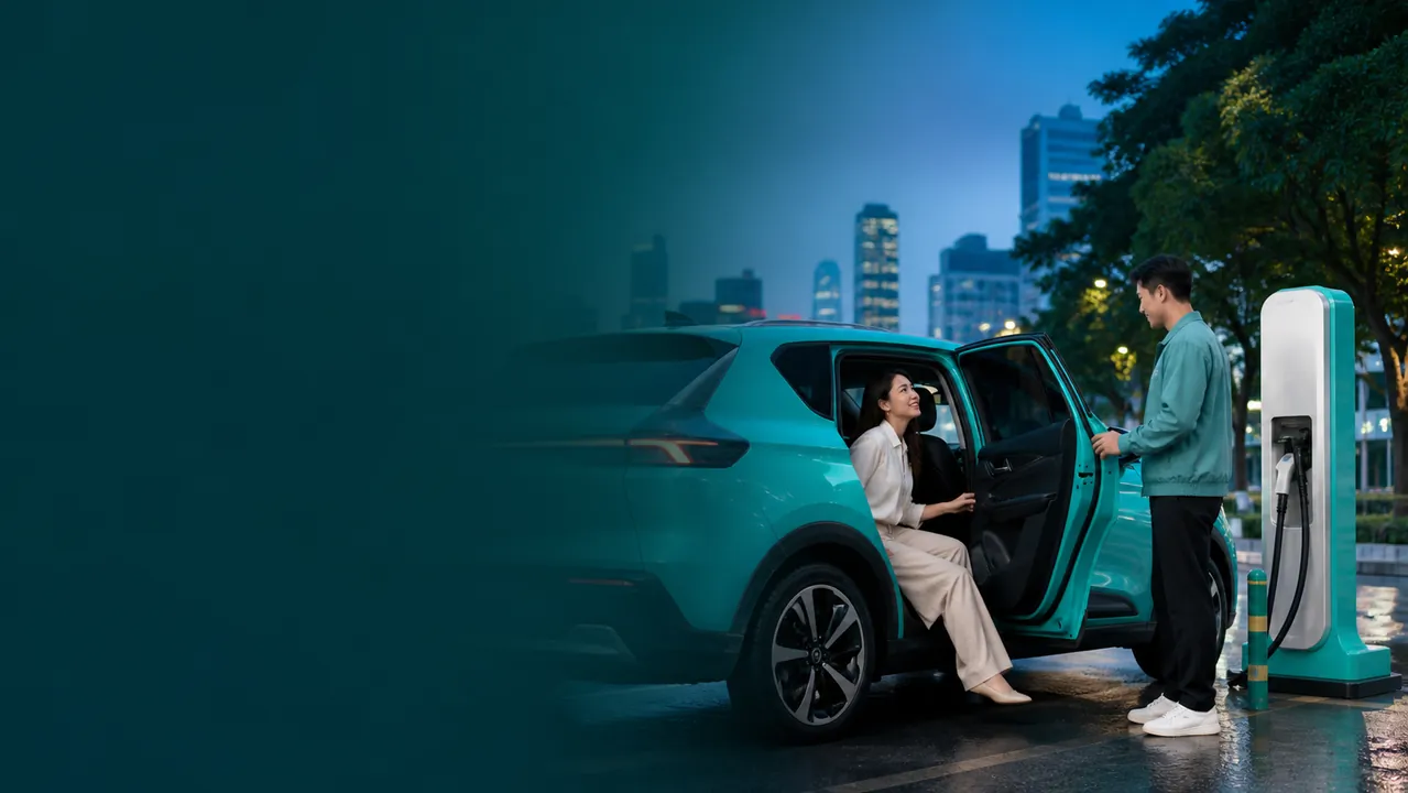 Tài xế đón khách bằng xe điện tại trạm sạc trong thành phố Việt Nam