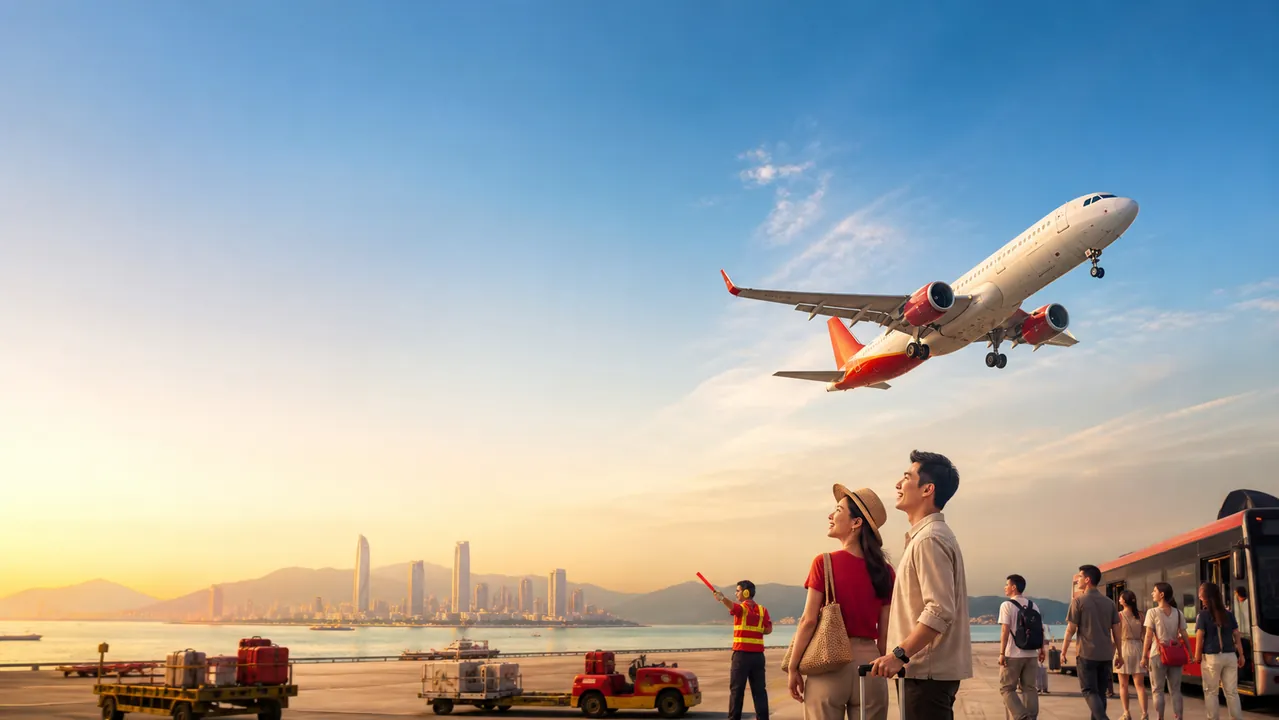 Máy bay dân dụng cất cánh cùng hành khách và đội ngũ sân bay Việt Nam