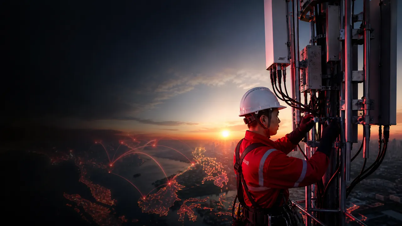 Kỹ sư viễn thông Việt Nam bảo trì trạm 5G lúc bình minh