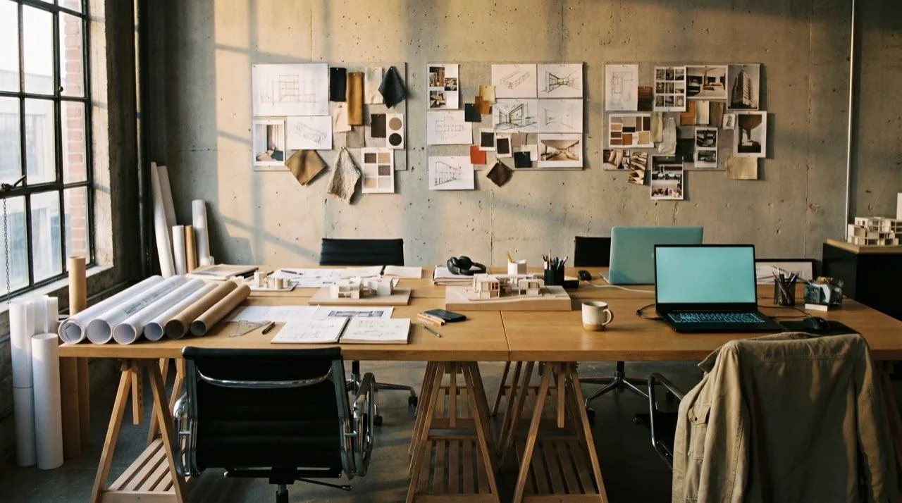 Design studio with drawings, models and moodboards on a concrete wall