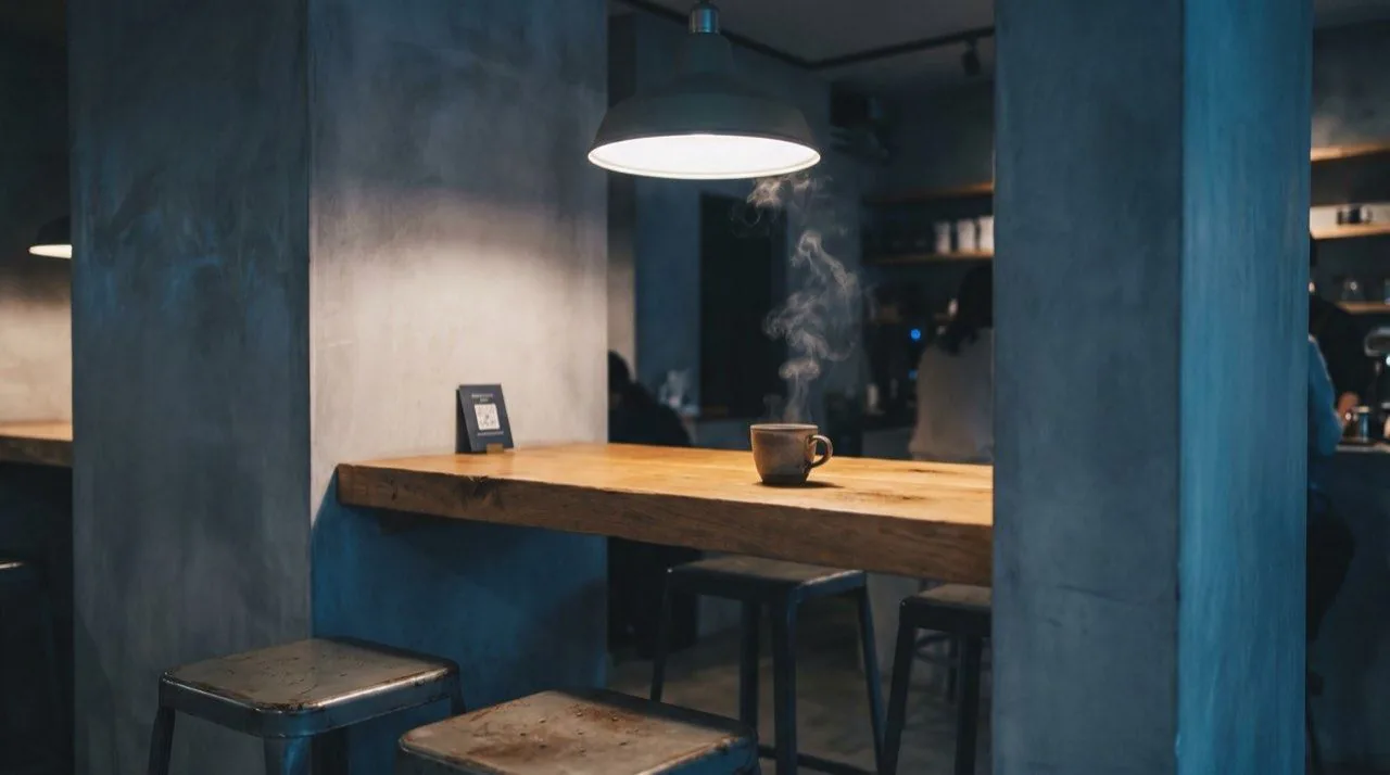 Concrete-toned cafe with a wooden counter and warm lighting
